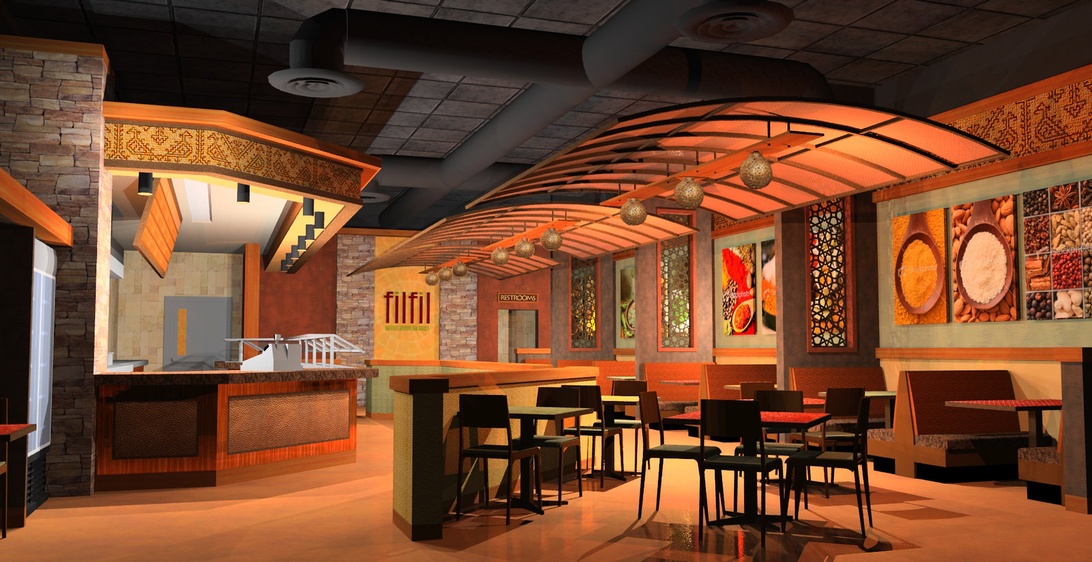 Modern restauranginteriör med böjda arkitektoniska element och varm orange belysning.